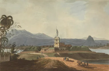 Zuidoostelijk uitzicht op Fort Marlborough, Benkulen, Sumatra, 1799