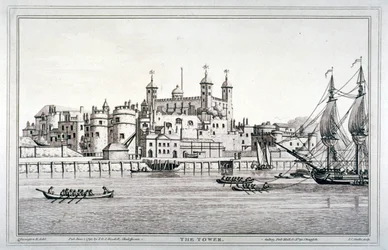 Zuidelijk uitzicht op de Tower of London met boten op de rivier de Theems, 1795