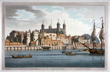 Zuidelijk uitzicht op de Tower of London met boten op de rivier de Theems, 1795