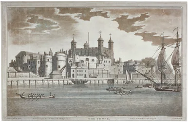 Uitzicht op de Tower of London vanaf de rivier de Theems met boten op de rivier, 1795
