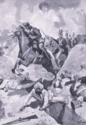 Sobraon: Sir Joseph Thackwell leidt de 3e Lichte Dragoons in enkele rij door enkele Sikh-aardwerken, illustratie uit Britse gevechten op land en zee, 1915