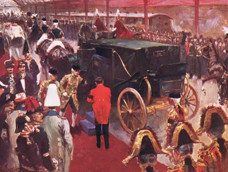 De aankomst van Hare Majesteit Koningin Alexandra op Paddington Station bij de begrafenis van wijlen Hare Majesteit Koningin Victoria 2 februari 1901, illustratie uit Cassells Geschiedenis van Engeland, 1900s