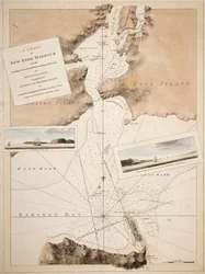 Een kaart van de haven van New York met de dieptes, uitzichten op herkenningspunten en nautische aanwijzingen voor het gebruik van loodsen. Samengesteld uit onderzoeken en observaties van luitenants John Knight, John Hunter van de marine en anderen.