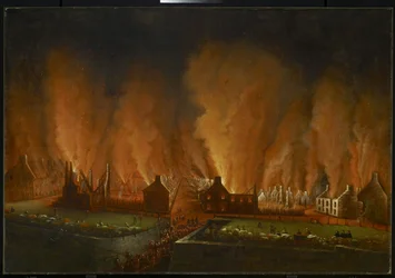 De brand in de Saint-Jean wijk, gezien naar het westen, 1848