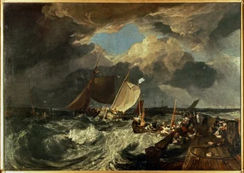 De pier van Calais, met Franse vissers die zich klaarmaken voor de zee: Een Engels pakket arriveert ... (schilderij op doek)