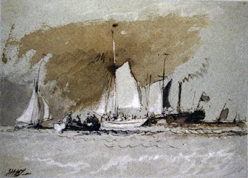 Vissersboten op zee, aan boord van een stoomboot bij Cowes, Isle of Wight