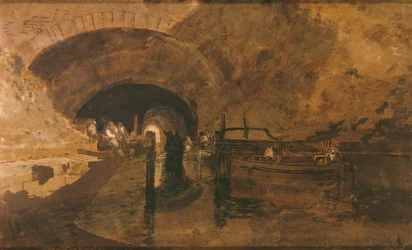 Mannen en schuiten bij tunnel ingang