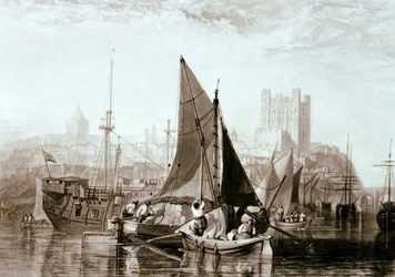 Thames-schip dat hooi vervoert, een gevangenishulk en andere schepen bij Rochester, aan de rivier de Medway