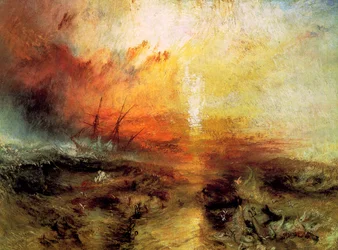Het slavenschip Slaven gooien de doden en stervenden overboord, Tyfoon komt op, 1840