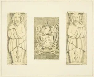 2 figuren en wapen van poort bij het Zwarte Kasteel, Brislington