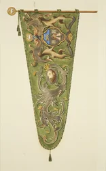 Vaandel van de Merchant Taylors, met opschrift 