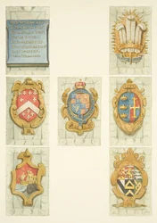 Wapenschilden op stenen preekstoel van de kathedraal van Bristol