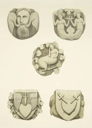 Vijf gewelfstenen in het plafond bij het binnengaan van de noorddeur van de kathedraal van Bristol