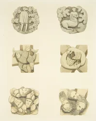 Zes gewelfstenen in het plafond bij het betreden van de noorddeur van de kathedraal van Bristol