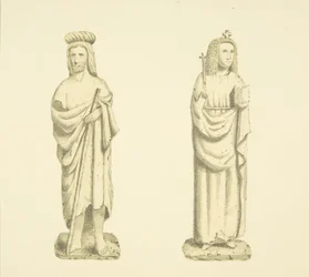 Twee figuren in nissen van de Toren van St Mary Redcliffe