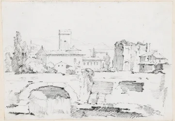 Een Italiaanse stad met een stenen brug en een waterval