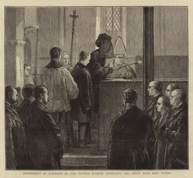 Begrafenis van Napoleon III, de keizerin Eugenie besprenkelt de kist met wijwater