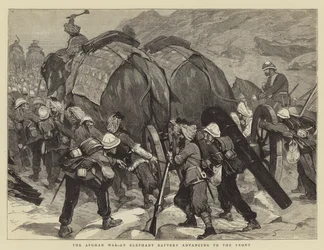 De Afghaanse Oorlog, een Olifantenbatterij die naar het Front oprukt