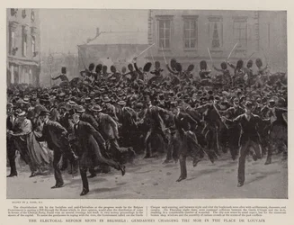 De Kieshervormingsrellen in Brussel, Gendarmes bestormen de menigte op de Place de Louvain