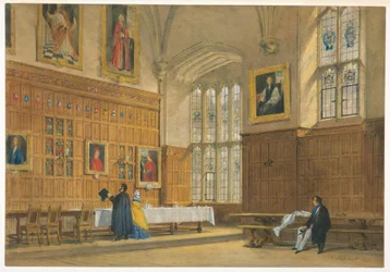 Tekening, Gezicht op de eetzaal in Magdalen College, Oxford, 1856