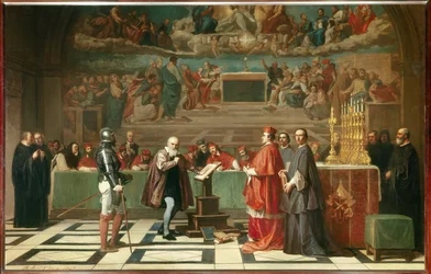 Galilei (of Galileo Galilei, 1564-1642) voor het Heilig Officie in het Vaticaan. De astronoom werd in 1632 door de inquisitierechtbank veroordeeld wegens het verdedigen van de theorieën van Copernicus. 1847