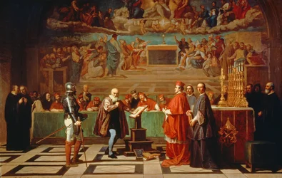 Galileo Galilei (1564-1642) voor leden van het Heilig Officie in het Vaticaan in 1633, 1847