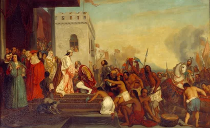 Ontvangst van Christoffel Columbus (1451-1506) door de koningen van Spanje Ferdinand II van Aragon en Isabella I van Castilië (de Katholieke) in Barcelona in 1493. De ontdekkingsreiziger keert terug met gevangen Indianen. Schilderij door Joseph Nicolas Rob