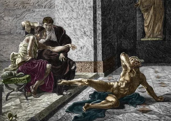 Voorstelling van de Romeinse vergiftiger Locusta die aan de zijde van keizer Nero (37-68) een gif probeert bedoeld voor zijn broer Britannicus (41-55) op een van zijn slaven, 55 Gravure naar een schilderij van Joseph-Noel Sylvestre (1847-1926) 1876