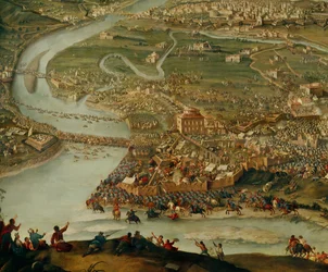 Spaanse Successieoorlog: Prins Eugene van Savoye bevrijdt Torino, Italië, van de belegering door Franse troepen (schilderij op doek)