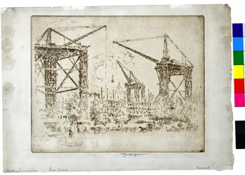 Bouw van Kensington Grote Krane, ca. 1905 (ets op papier)