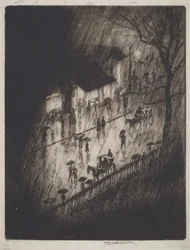 Regenachtige nacht, winkels bij Charing Cross