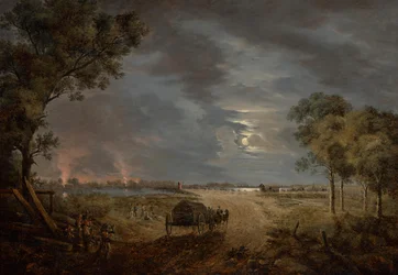 Gezicht op de oversteekbrug van het Franse leger naar Lobau (nachtstuk met maanlicht)