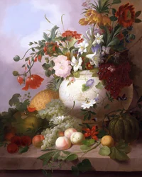 Vaas met zomerbloemen. Schilderij van Joseph Rhodes (1782-1854) Privécollectie.
