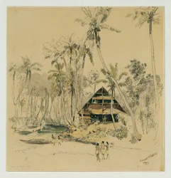 Het huis van de missionaris op het eiland Puinipet (Ponape), Caroline-eilanden