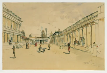 Straat in Madras met een tempel