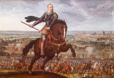 Gustav II Adolf van Zweden bij de Slag om Breitenfeld in 1631, schilderij door Jean Jacques Walter, Dertigjarige Oorlog, Duitsland