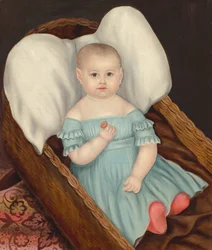 Baby in rieten mand, ca. 1840 (olieverf op doek)