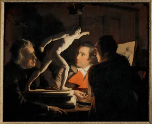 In het licht van een kaars bestuderen drie mannen een kleine ... (schilderij op doek)