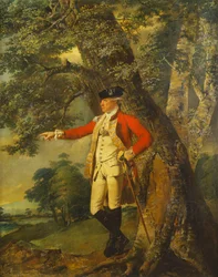 Portret van kolonel Charles Heathcote, staand klein op volledige lengte in een bosrijk landschap, in het uniform van de vijfendertigste voet