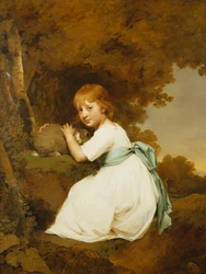 Portret van Miss Bentley, zittend volledige lengte, in een witte jurk, met een konijn in een landschap, c.1781