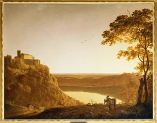 Uitzicht op het meer van Nemi bij zonsondergang ...