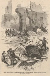 Arbeiders slepen kluizen uit de ruïnes, illustratie uit Frank Leslie