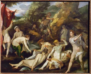 Diana en haar metgezellen worden verrast door Aktaion, die vervolgens wordt veranderd in een hert dat door zijn eigen honden wordt gedood (schilderij op koper)