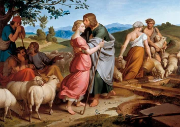 Jacob ontmoet Rachel, de dochter van Laban bij een bron