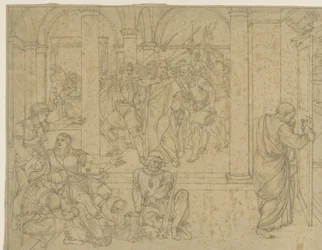 Petrus verloochent Christus, voorgesteld in de hal van het gerechtsgebouw