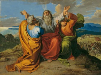 Biddende Mozes met Aäron en Hur op de berg Horeb