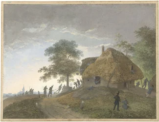 Gevecht bij een herberg of huis met strodak op een heuvel