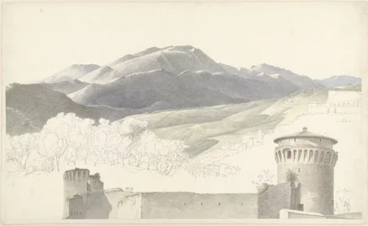Landschap bij Subiaco en bouwwerk te Rome