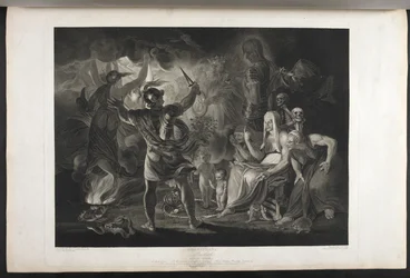 Macbeth. Act IV. Scene I. Een donkere grot. In het midden een kokende ketel. Drie heksen. Macbeth. Hecate. Macbeth staat tegenover de heksen en de verschijningen; aan zijn voeten, binnen een opgerolde slang, staan een klein bloederig kind en een kind met e