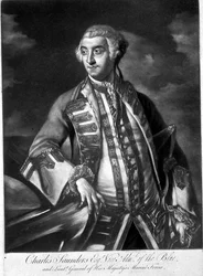 Portret van admiraal Sir Charles Saunders, vice-admiraal van het blauwe eskader, gegraveerd door James McArdell